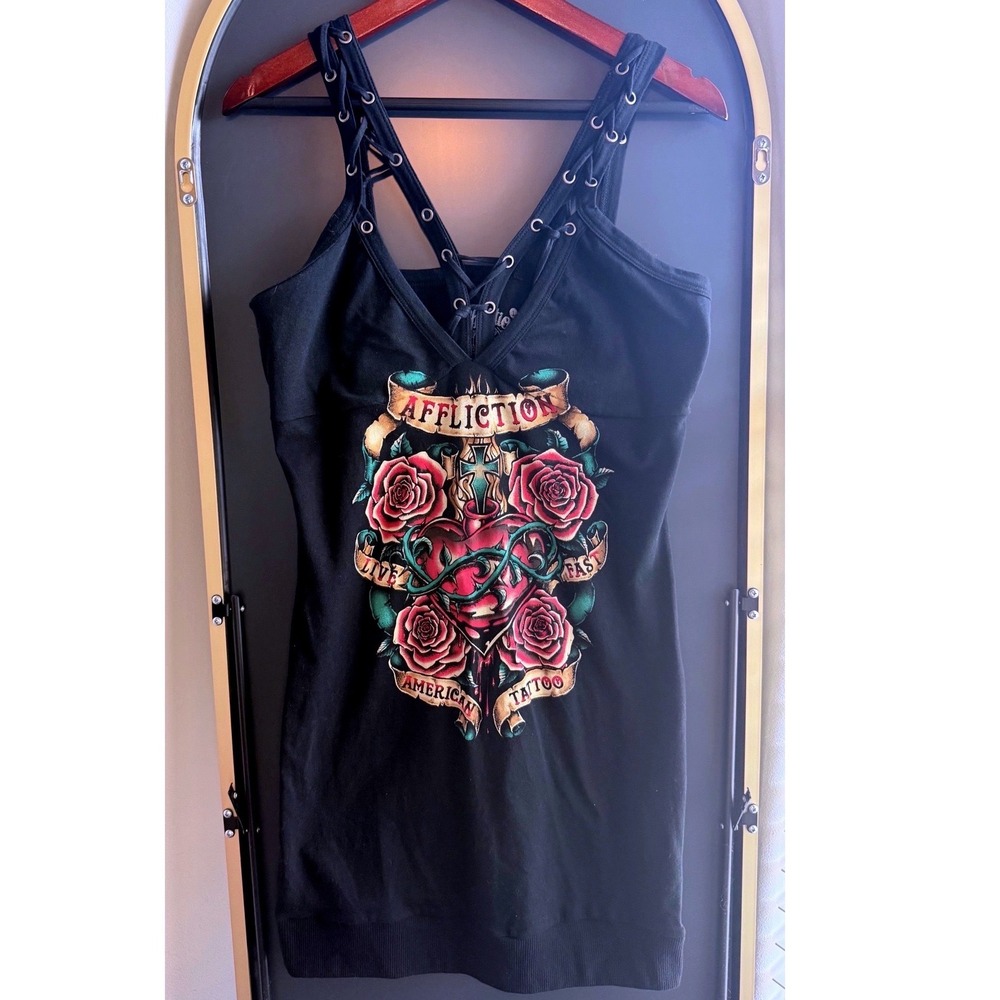 Affliction Womens Large L Black Rose Graphic Lace Up Tank Dress Y2K Cyber Grunge